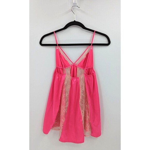 Victoria's Secret Sleepwear Women's M Hot Pink Beige Babydoll Teddy Lace Nightie - Picture 2 of 9